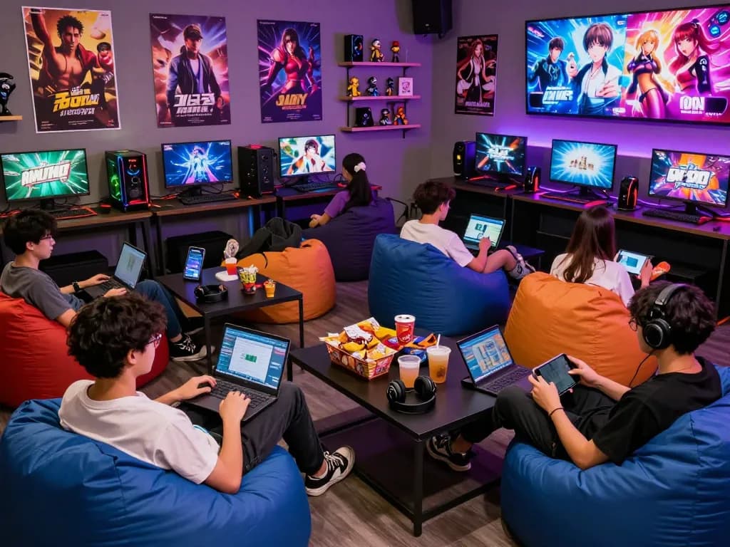 Engaged players enjoying free porn games in a vibrant gaming lounge with neon lights and comfortable seating.