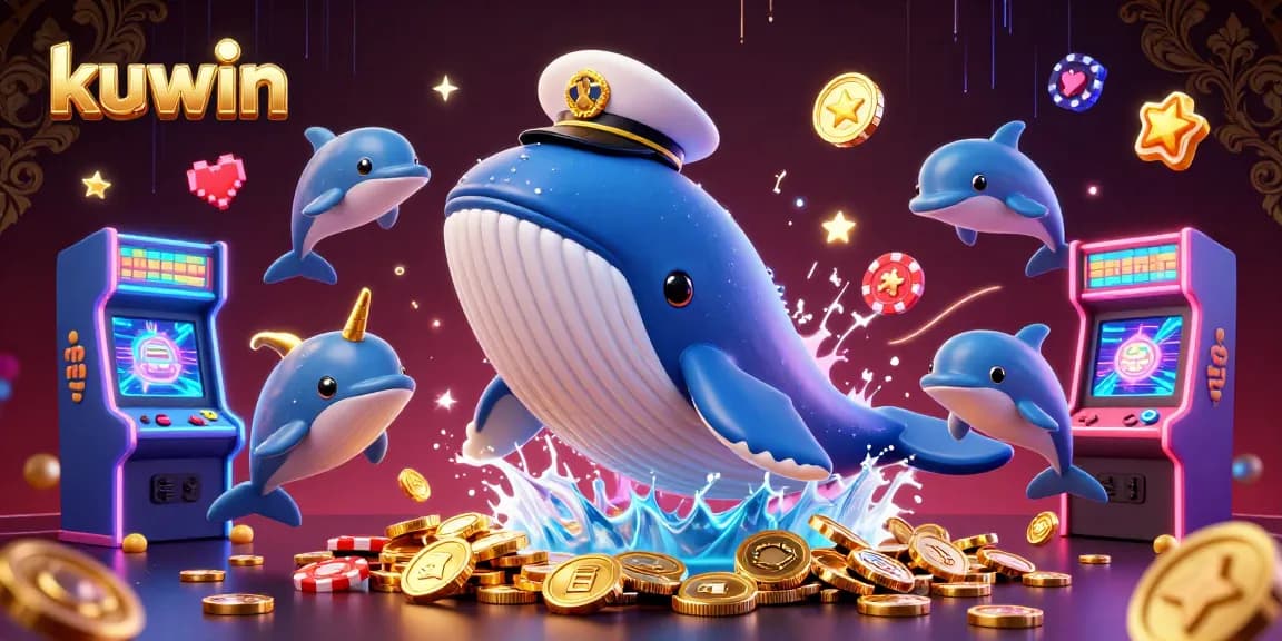 Engage in thrilling kuwin action with captivating whale, narwhal, and playful dolphins surrounded by casino elements.