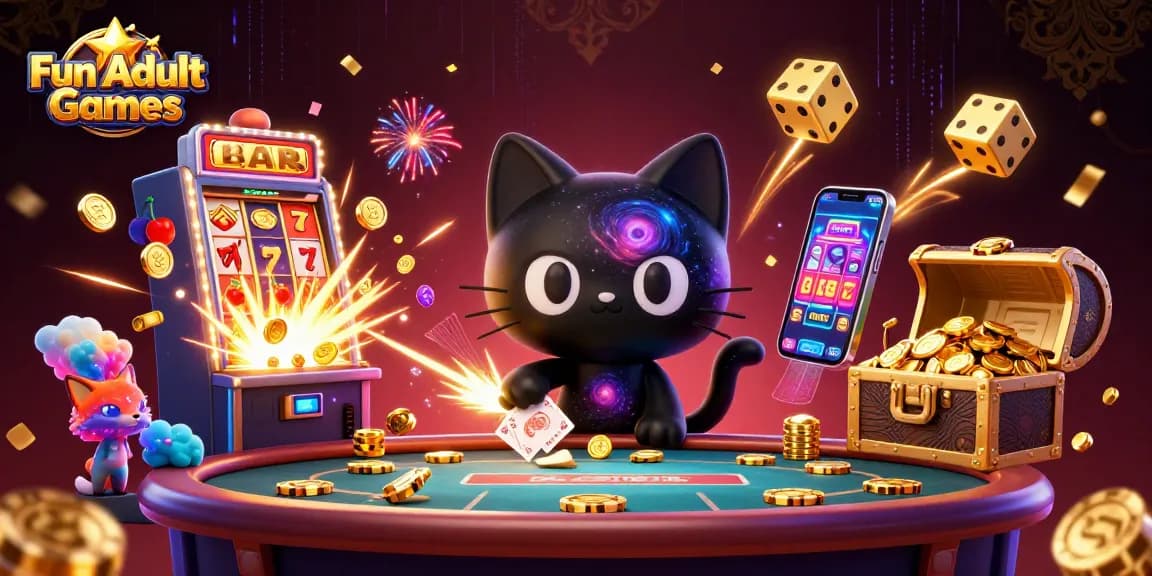 Experience Fun Adult Games with a vibrant cosmic casino scene featuring animated characters and slot machine excitement.