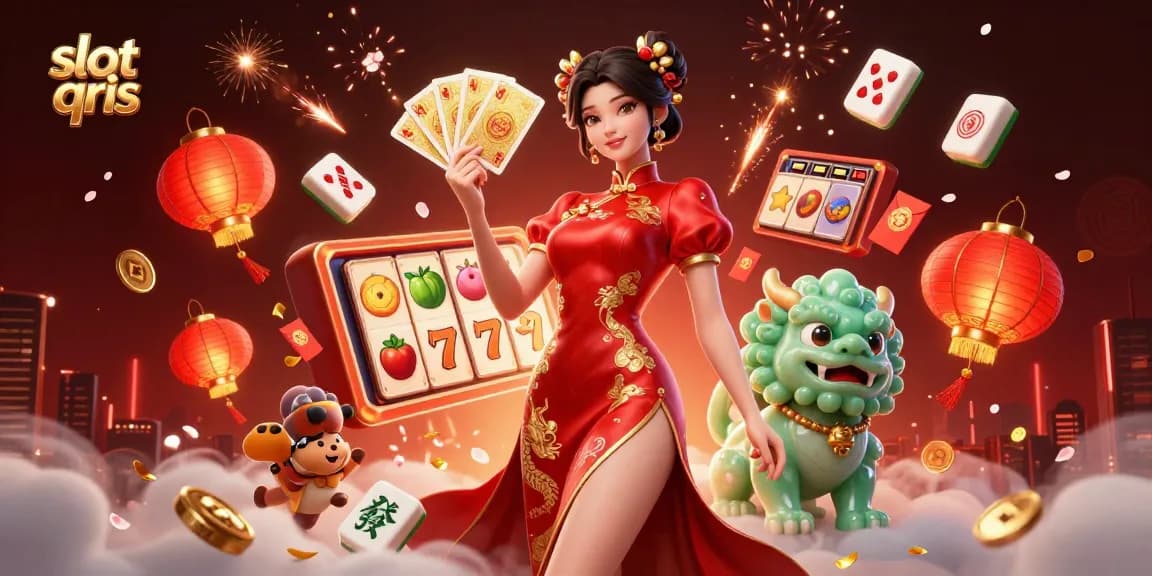 Engage in exciting slot qris gameplay with a vivid scene of a 3D woman in a traditional qipao and vibrant gaming elements.