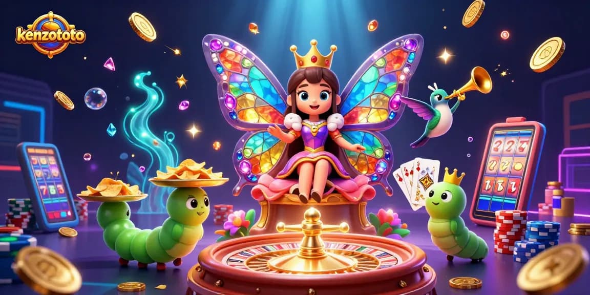Kenzototo offers a vibrant gaming experience with a butterfly queen, golden coins, and dynamic casino elements.