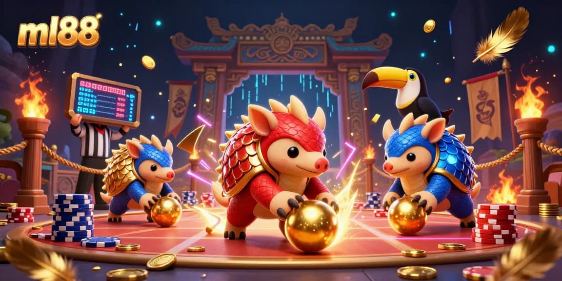 The rival pangolins in ml88 compete as they bowl through poker chips in a vibrant online casino setting.
