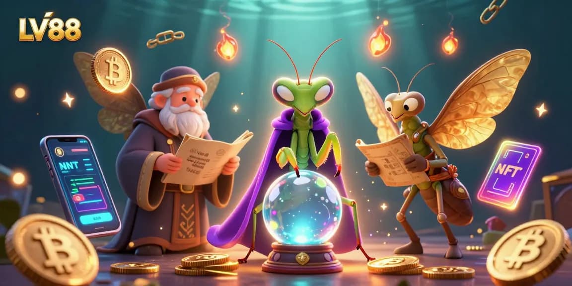 Experience LV88 with a vibrant illustration showcasing fortune telling and cryptocurrency excitement in an online casino.