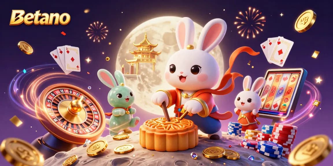 Experience exciting gaming action with Betano as the moon rabbit reveals poker chips in a vibrant casino scene.