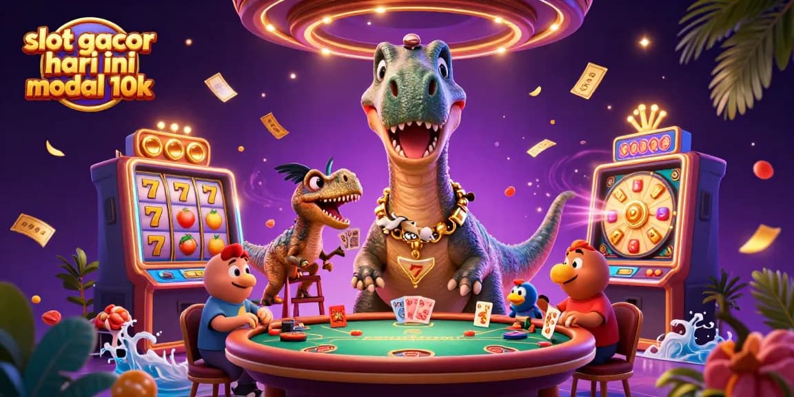 Engage with slot gacor hari ini modal 10k in a lively casino scene featuring dynamic cartoon dinosaurs.