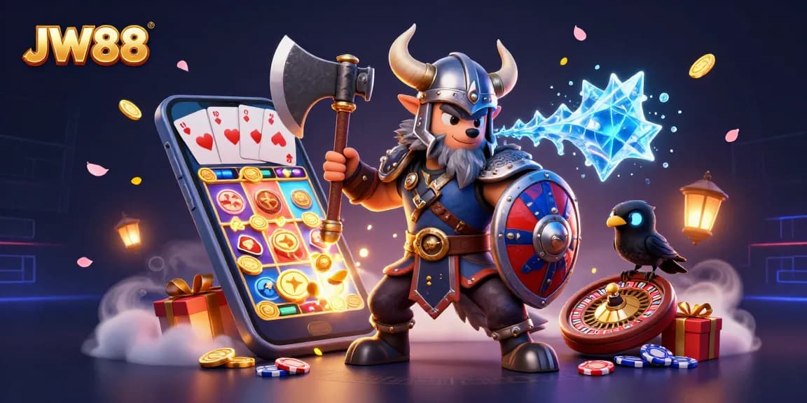 Experience thrilling gaming with JW88, showcasing dynamic slot games and an adventurous Viking wolf warrior.