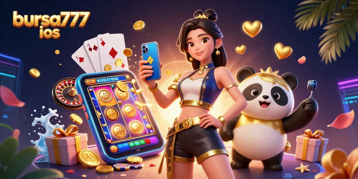Engage thrilling slots action with bursa777 ios featuring an elegant player and a fun panda mascot.