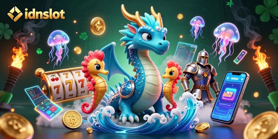 Experience winning with idnslot among vibrant casino elements like slot reels and crypto coins.