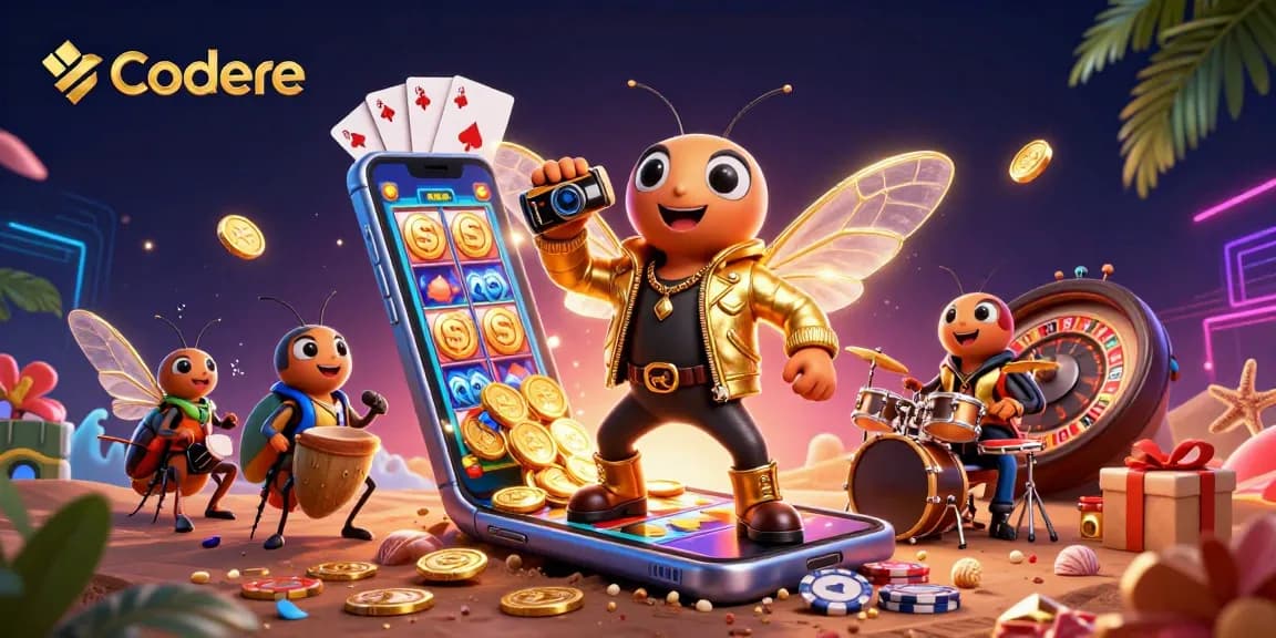 Codere showcases vibrant gaming action with a rock star cicada and casino elements in a packed scene.