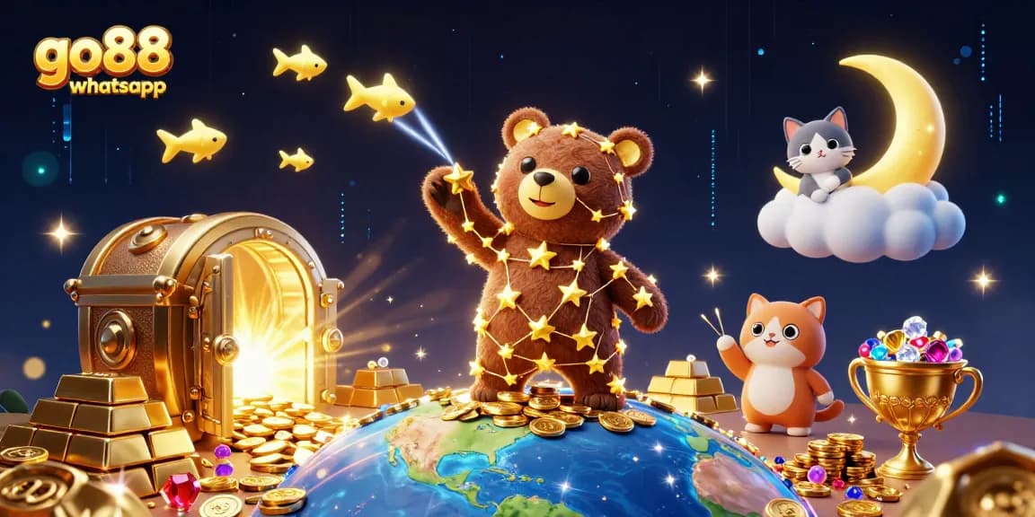 Engage with go88 whatsapp in this vibrant 3D casino scene filled with treasures and excitement.