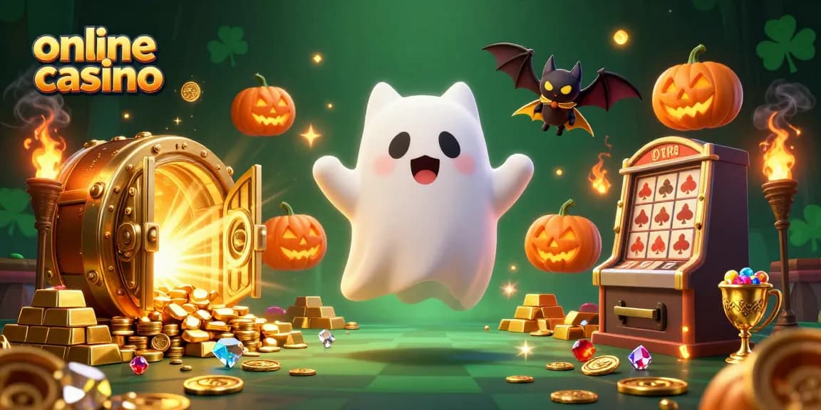 Unleash the excitement of online casino gaming with a ghost cat and bat in a haunted casino scene.