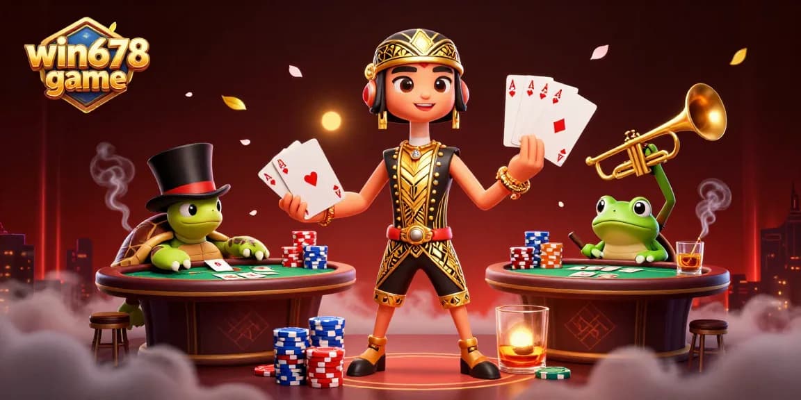 Experience the excitement of the win678 game in a vibrant, animated casino scene filled with poker action.