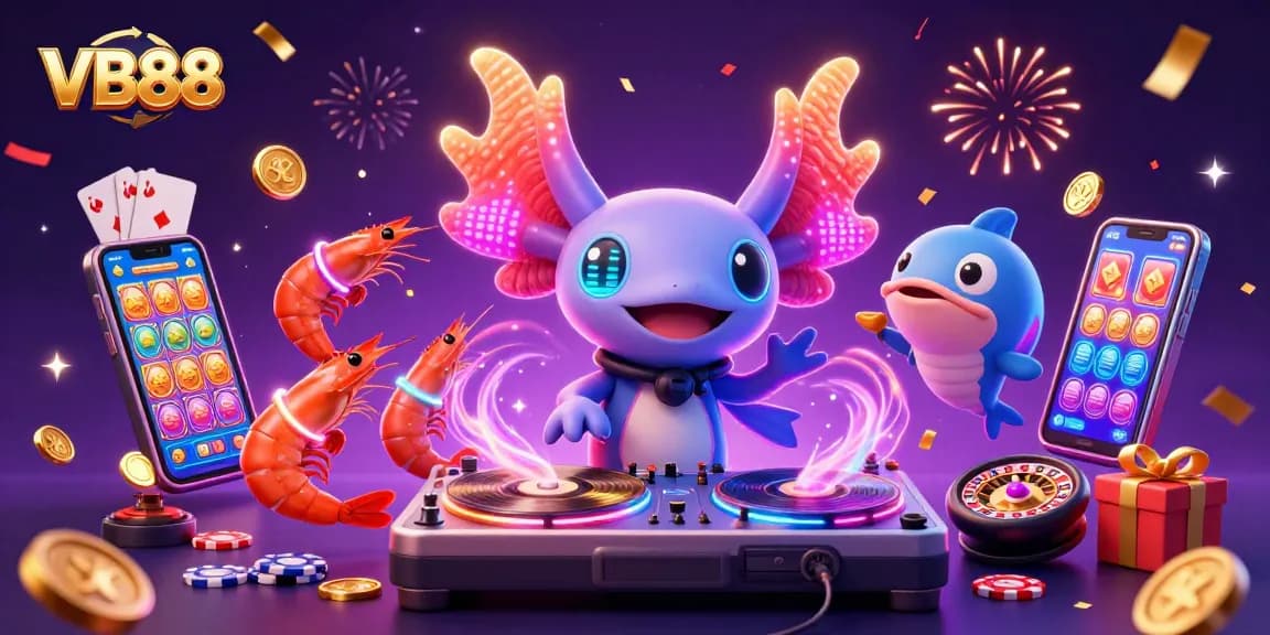 Engage with VB88's vibrant online casino world, featuring an energetic axolotl DJ and dynamic gaming elements.
