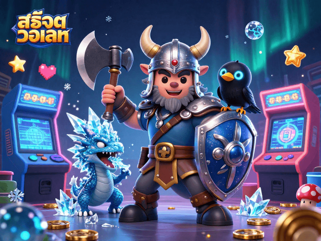 Experience the thrill of สล็อตวอเลท with a Viking warrior and dragon amid colorful arcade elements.