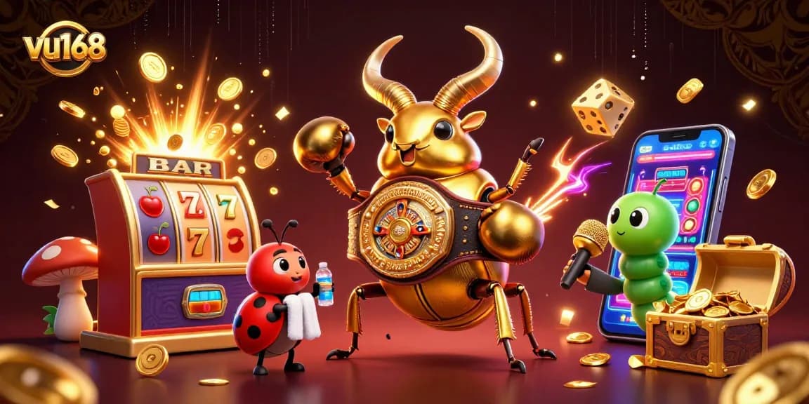 vu168 celebrates exciting wins with a giant stag beetle illuminating the casino world, surrounded by casino elements