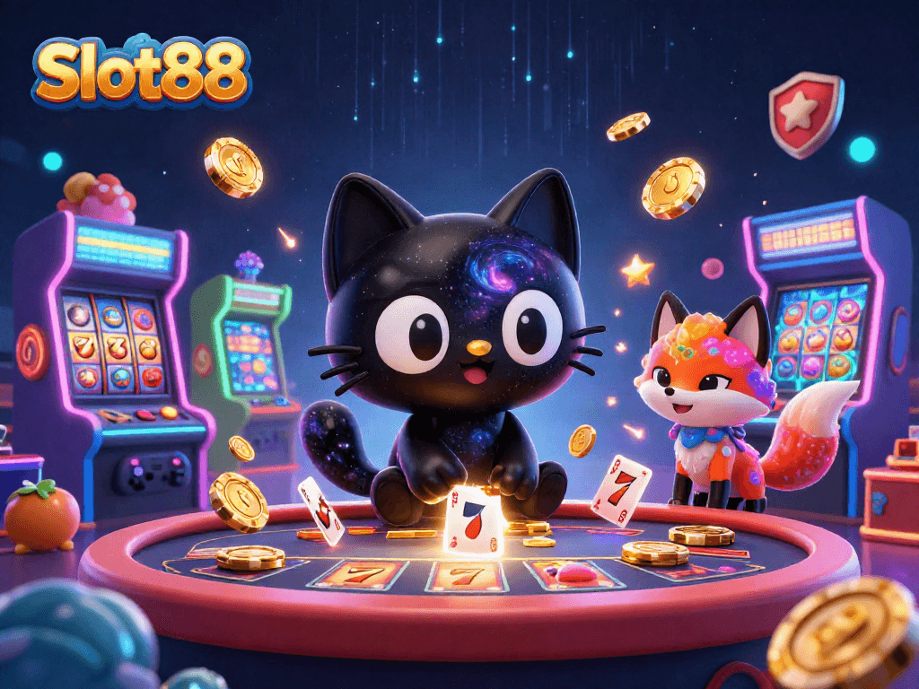 Experience thrilling Slot88 moments with captivating cosmic casino characters and vibrant gaming elements.