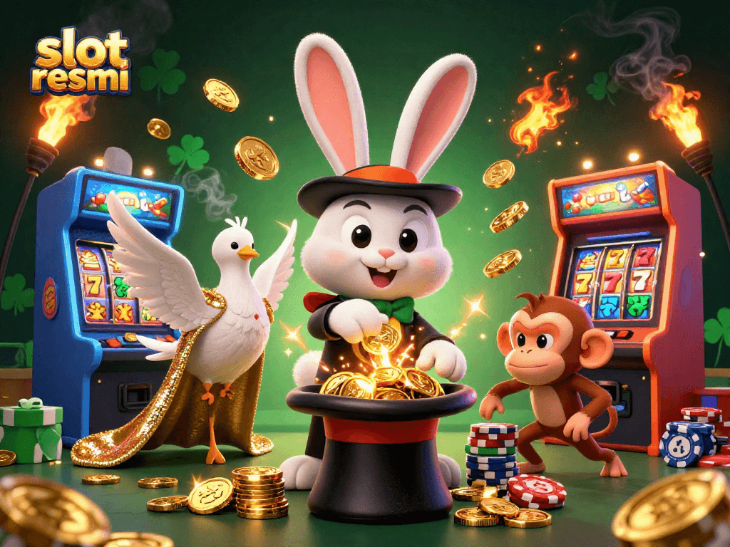 Engage with slot resmi adventures featuring a magician rabbit, coins, and arcade game elements.