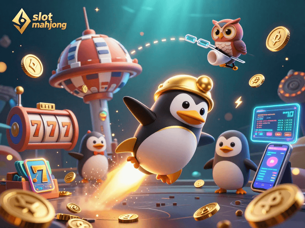 Engage in slot mahjong with vibrant 3D illustrations showcasing a golden penguin racing through a casino-themed space.