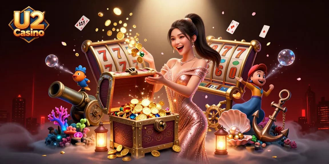 Engage in U2 Casino's thrilling slot games with a joyful atmosphere of treasures and luck.