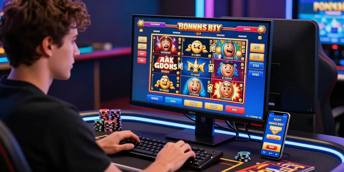 Player engaging with bonus buy slots in a modern online casino setup, focused on vibrant screen with colorful slot titles.