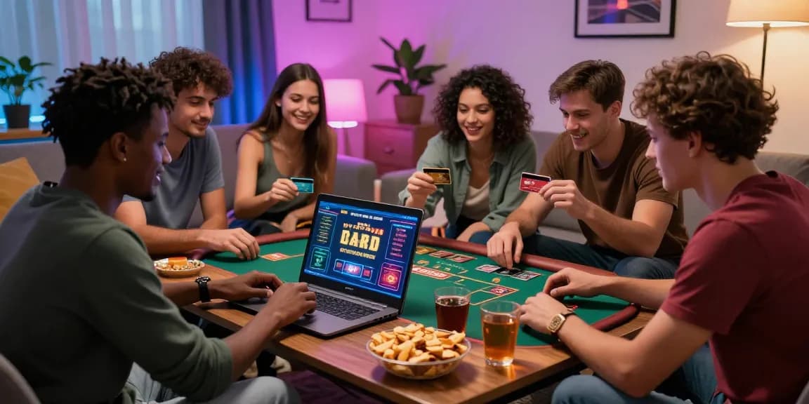 Exciting online gambling moment at https://crownwoods.org.uk, friends enjoying credit card casino games in a cozy setting.