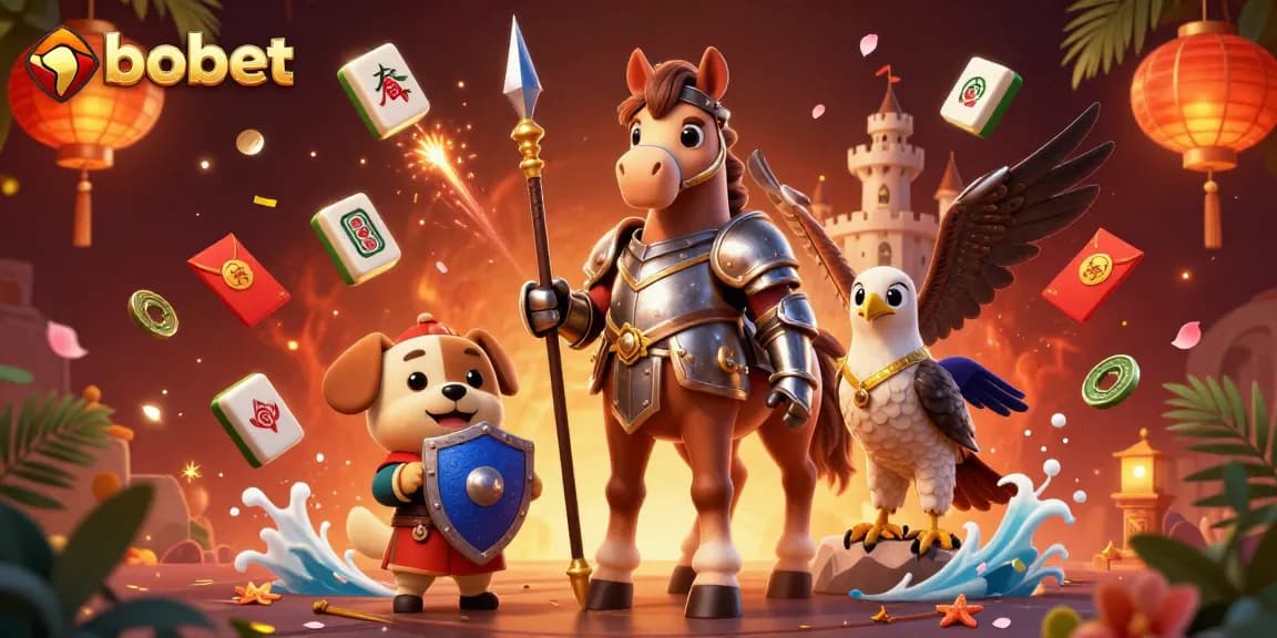 Top online sports betting action with sbobet featuring a knight, puppy, and falcon in a vibrant scene.