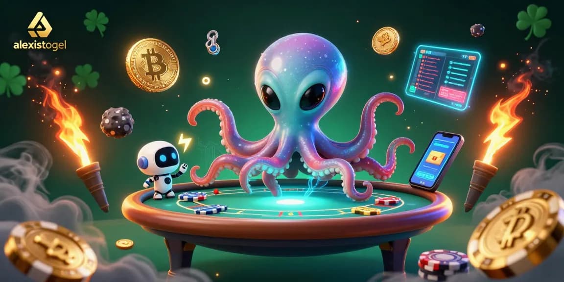 Win big using alexistogel with the dynamic scene of an alien octopus at a futuristic poker table surrounded by exciting gaming elements.
