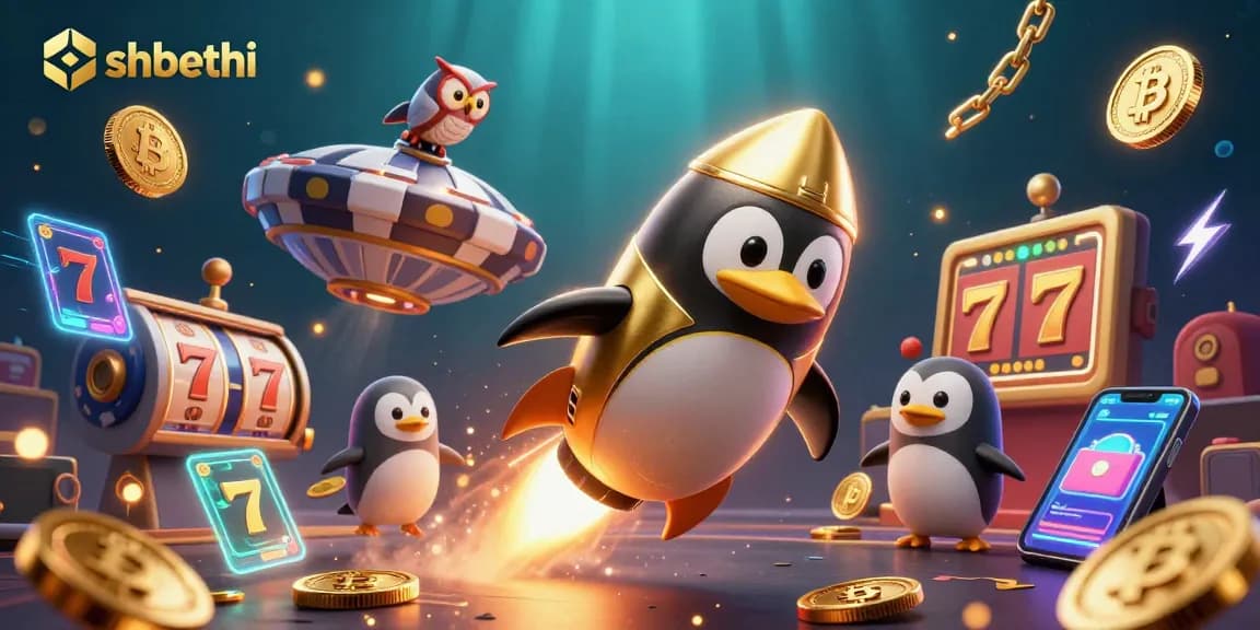 shbethi penguin wins at the casino, surrounded by slot machine elements and crypto coins.