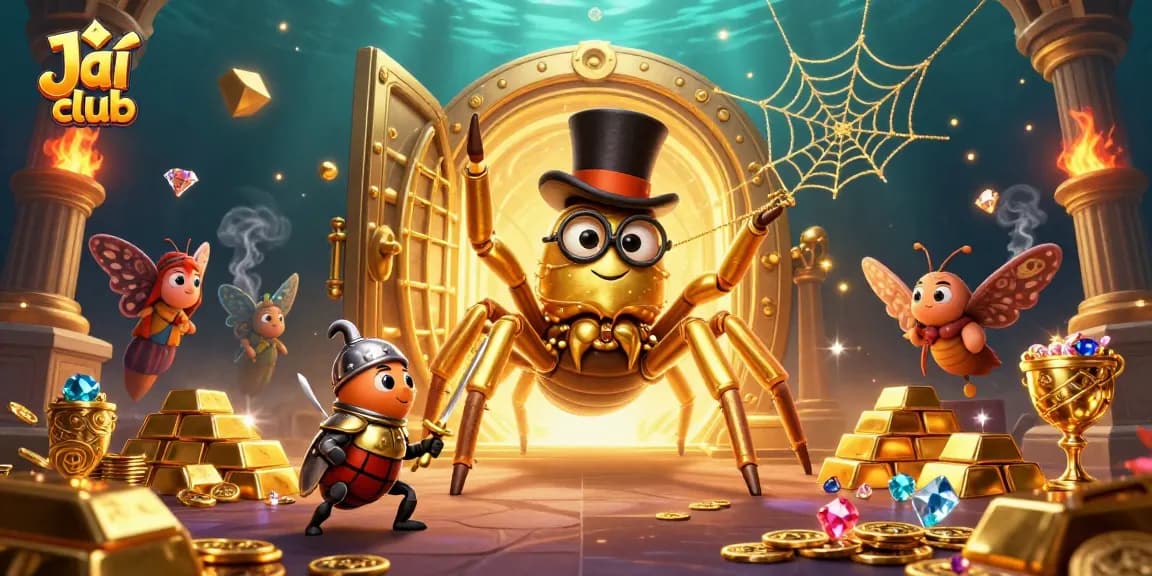 Engage with Jai club’s exciting games as a brave beetle knight approaches a giant golden tarantula, winning rewards.