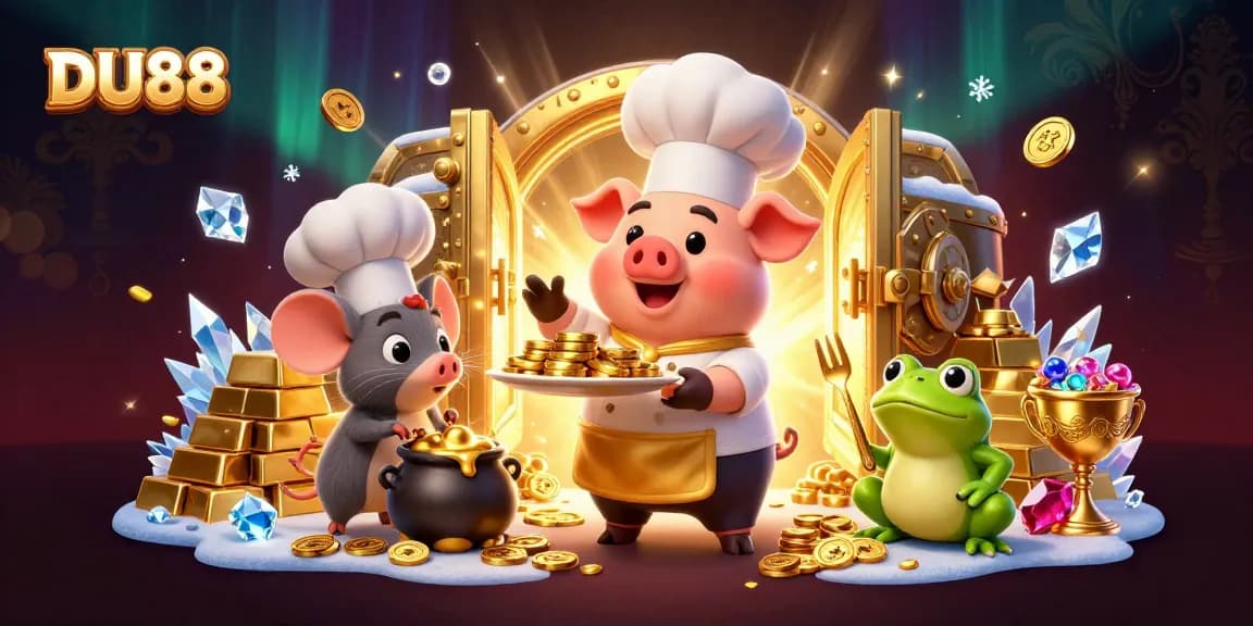 Experience the thrill of DU88 with a vibrant 3D illustration of a chef pig serving gold coins in a lively casino scene.