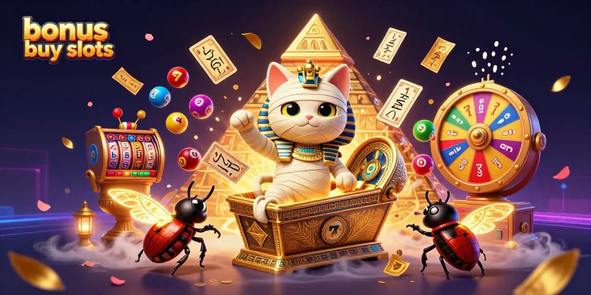 Engage with bonus buy slots in this vibrant, dynamic 3D illustration featuring an Egyptian-inspired casino.