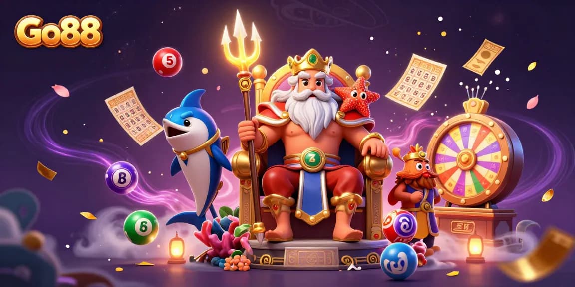 Win big at Go88 with a vibrant scene featuring Neptune and a prize wheel dynamic gaming atmosphere.