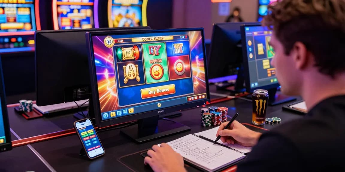 Engaged player exploring bonus buy slots at an online casino with vibrant graphics and gaming tools.