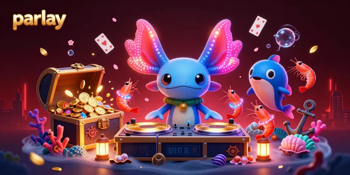 Engage in thrilling parlay betting with a neon axolotl DJ and lively underwater scene.