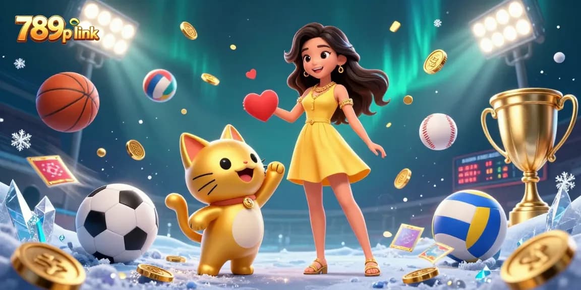 Engage with 789p link's dynamic sports betting scene featuring colorful balls and a golden lucky cat!