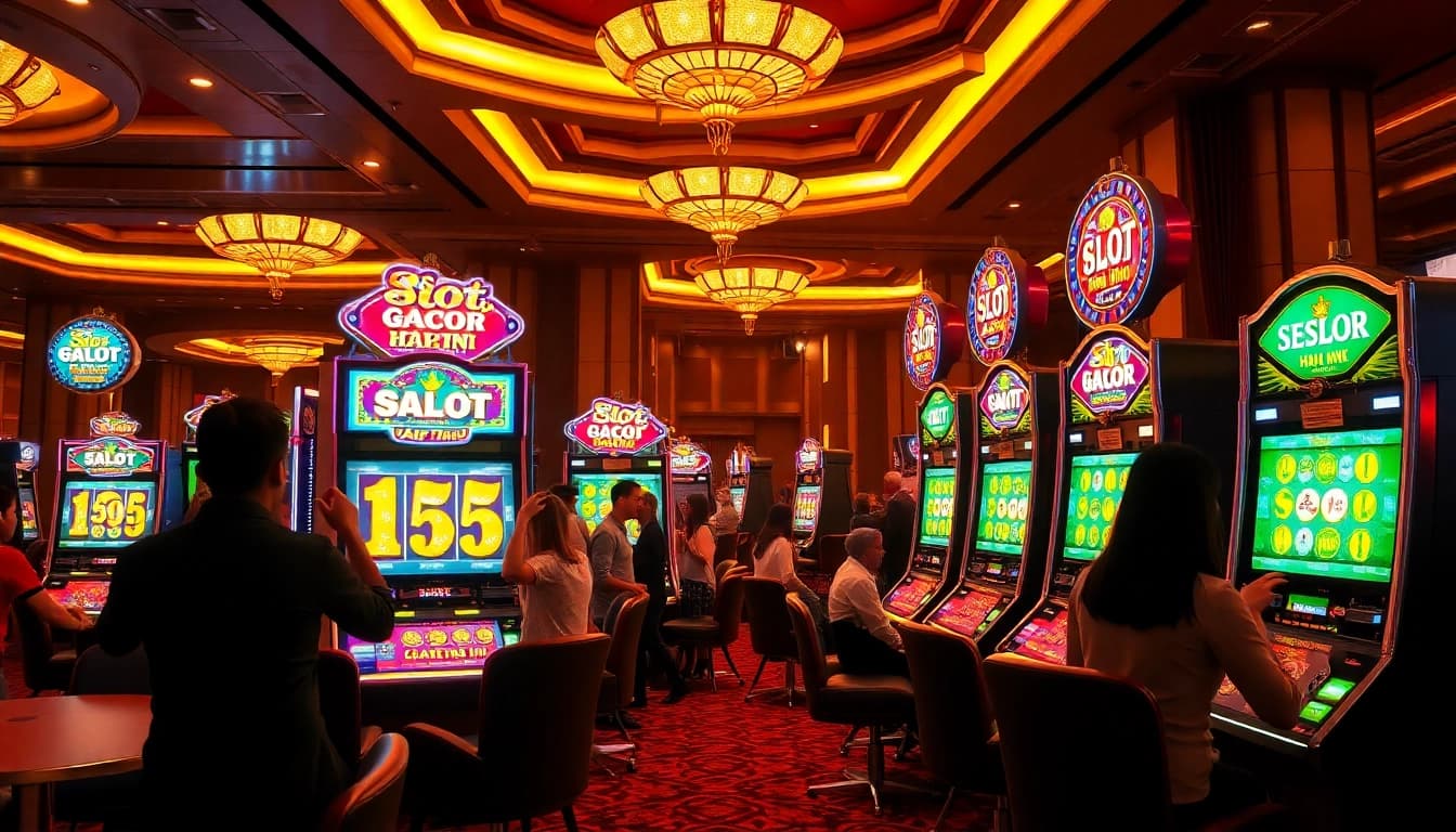 Players enjoying exciting wins at vibrant slot machines featuring slot gacor hari ini theme.