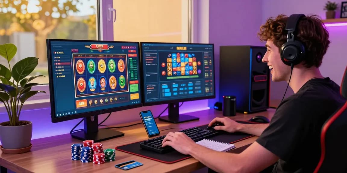 Excited player exploring credit card casinos in modern gaming setup with multiple screens and vibrant atmosphere.
