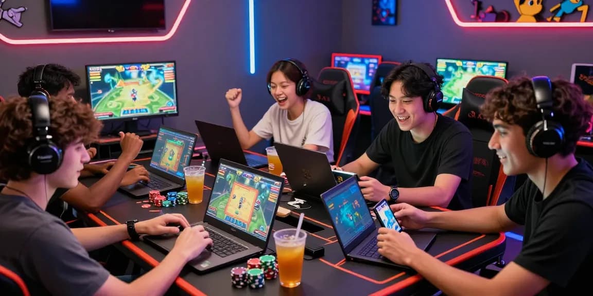 Engaging scene of friends playing game bài đổi thưởng online, showcasing excitement and camaraderie in a vibrant gaming environment.