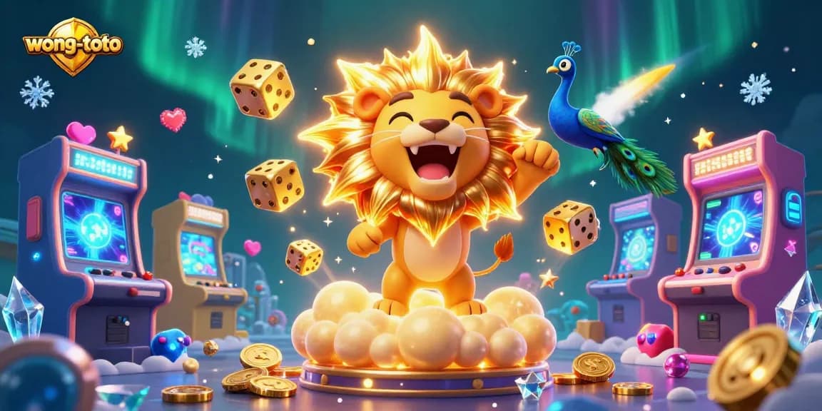 Engage with wong-toto's exciting interactive gaming space featuring a lively sun lion and glittering dice.