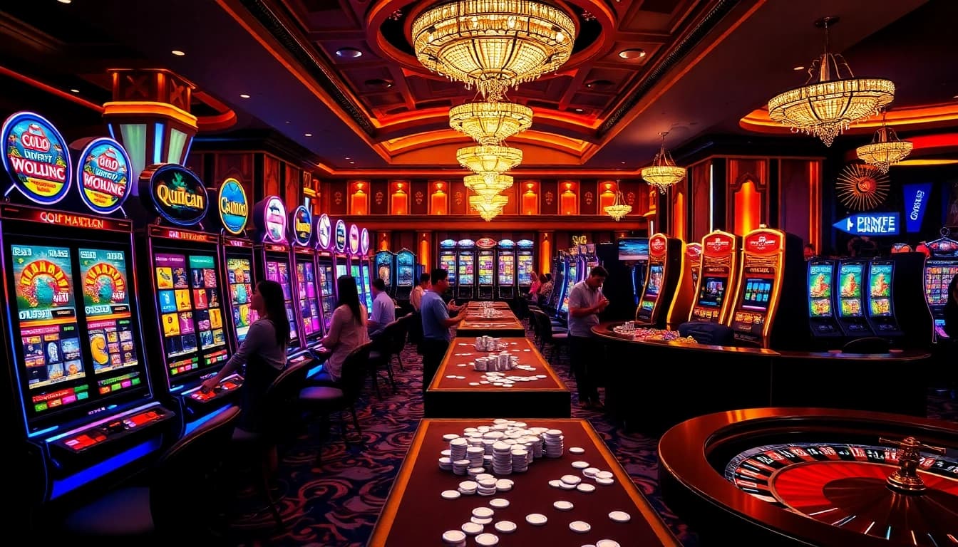 Players enjoying games at QQMACAN, showcasing exciting slot machines and vibrant casino atmosphere.