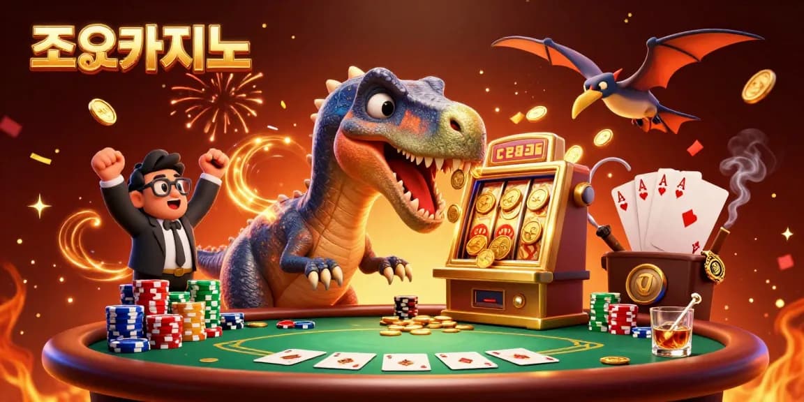 Experience the thrill of 조이카지노 with a lively 3D scene of cartoon dinosaurs at a jackpot slot machine.