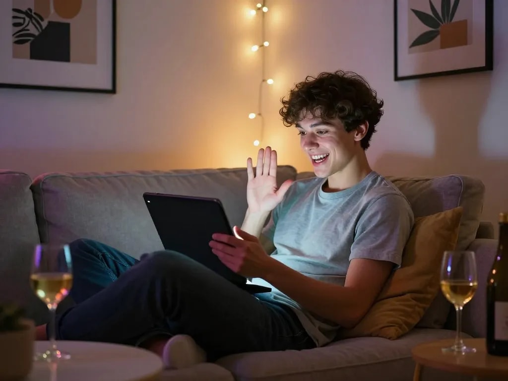 Engaging in an NSFW chat on a tablet in a cozy modern room with ambient lights.
