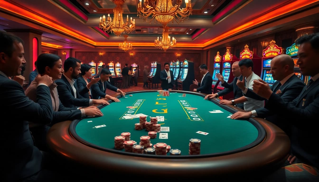 KJC poker chips and cards elevate an exciting casino atmosphere with eager players and vibrant slot machines.