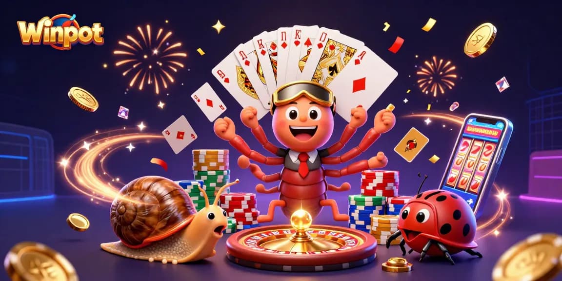 Winpot casino illustration depicting a colorful and dynamic scene with characters, cards, and sparkling effects