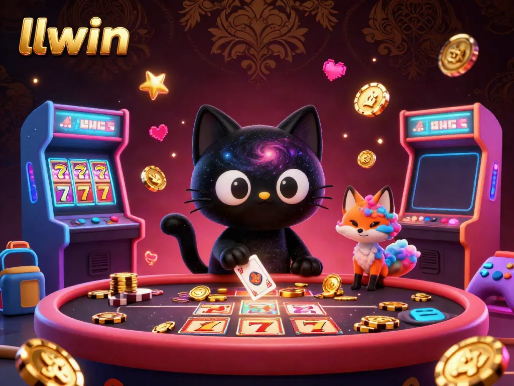Experience thrilling gameplay at llwin with a cosmic casino illustration featuring a black hole cat and exciting slot elements.