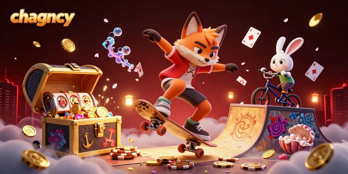 Engage with chagency's vibrant casino world as a skateboarder fox performs a trick over golden poker chips.
