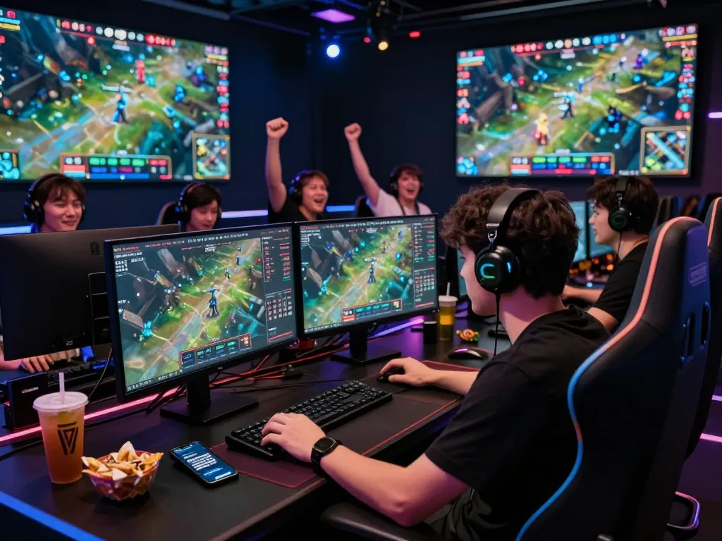 Dota 2 betting action at a vibrant esports arena during a live tournament, showcasing an enthusiastic gamer surrounded by screens and cheering fans.