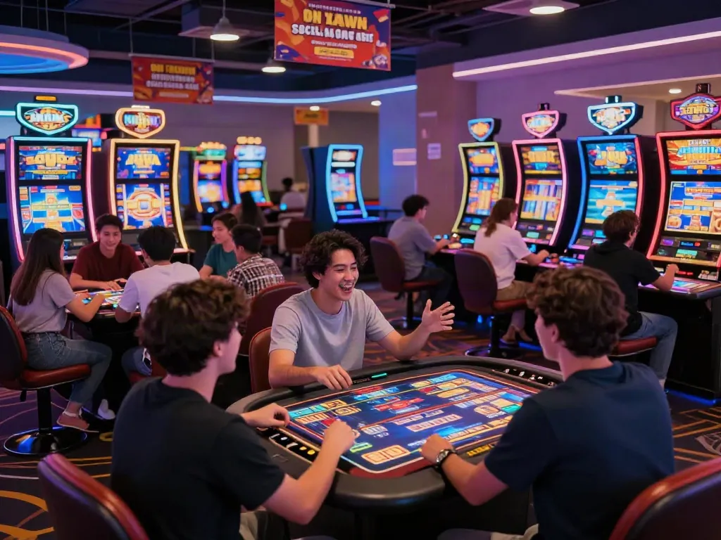 A vibrant online gaming scene showcasing players enjoying akunjp with animated casino elements, energized atmosphere.
