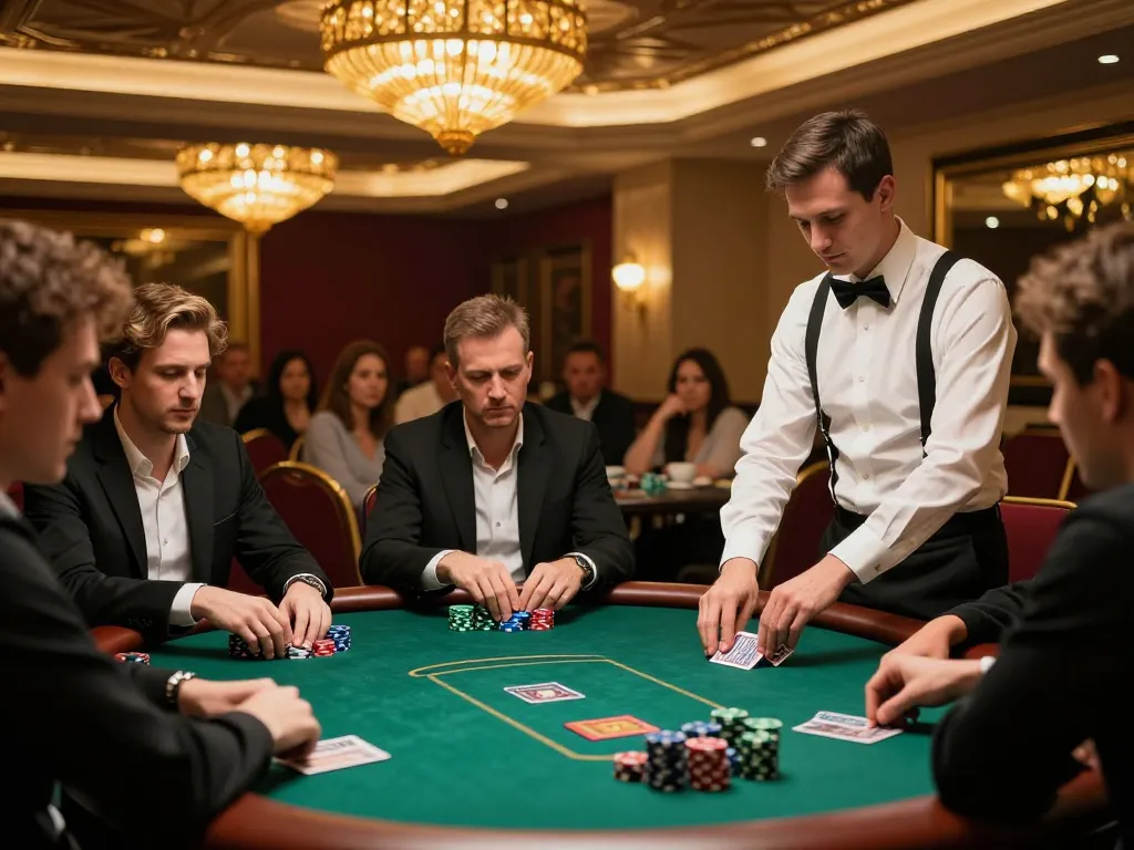 Players engaged in high-stakes poker game at 88aa1 casino, chips stacked high, intense atmosphere.