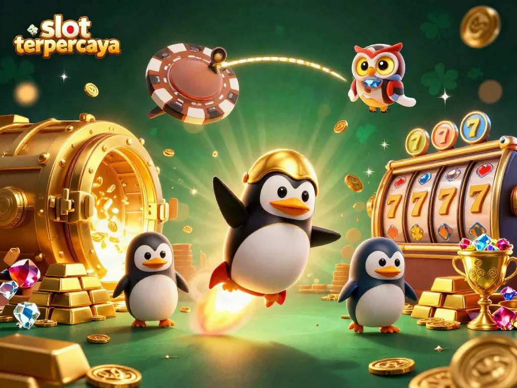Menggali kemenangan di slot terpercaya dengan penguin emas berenergi roket menuju kasino luar angkasa, dikelilingi harta karun.